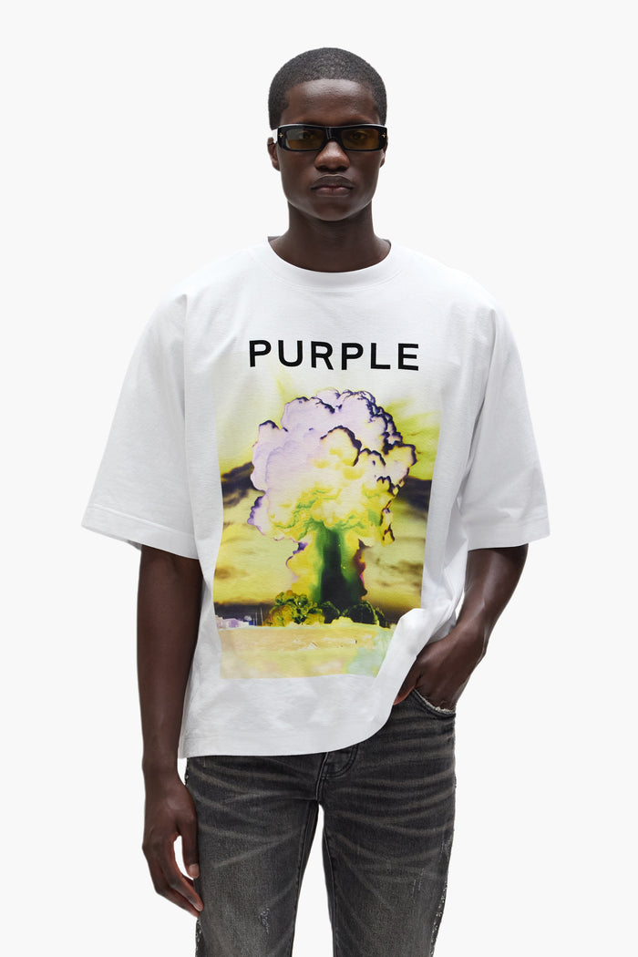 Force Majeure Tee white short sleeve t-shirt with colorful graphic and Purple Brand lettering