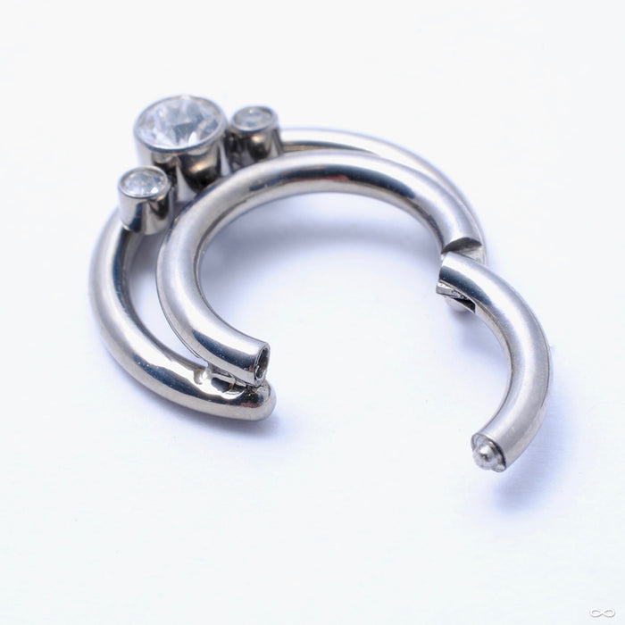 Gemmed Crescent Clicker in Titanium from Zadamer Jewelry with open hinge