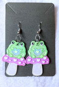 Glitter Frog on Mushroom Acrylic Dangle Earrings