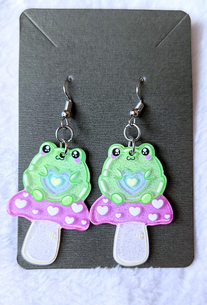 Glitter Frog on Mushroom Acrylic Dangle Earrings