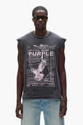 Good News Tank Top in acid-washed textured jersey knit with news print and Purple lettering.