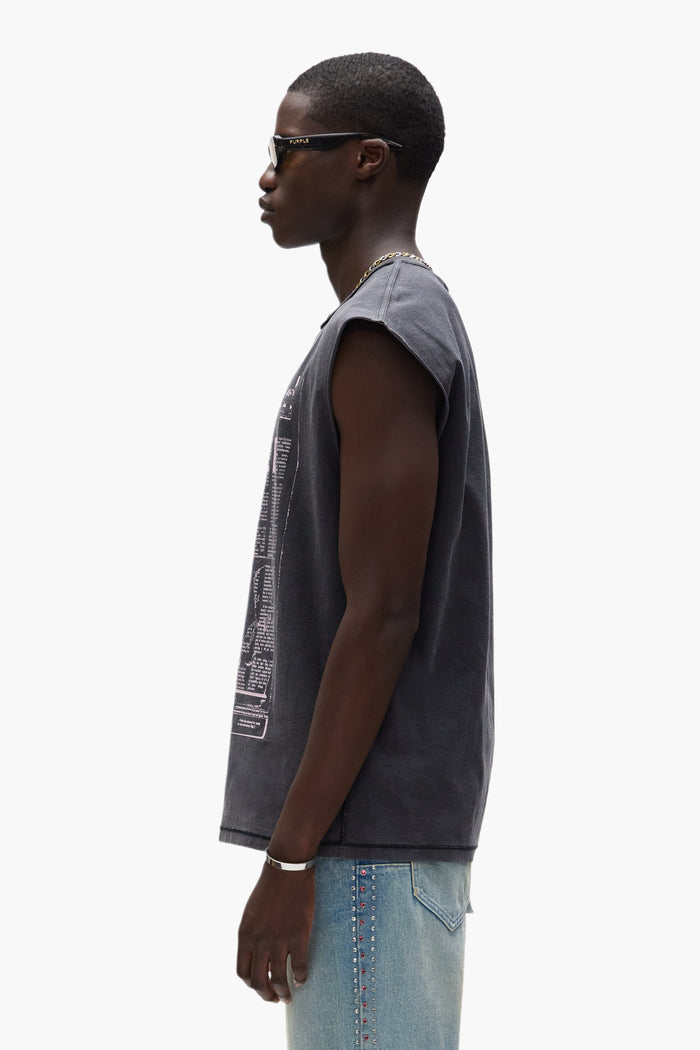 Good News Tank Top acid-washed sleeveless tee with news print and Purple lettering.