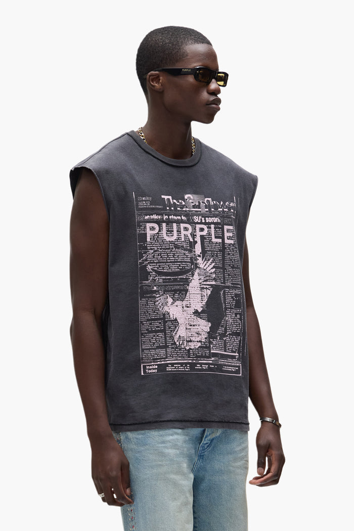 Good News Tank Top acid-washed sleeveless tee with news print and Purple lettering.