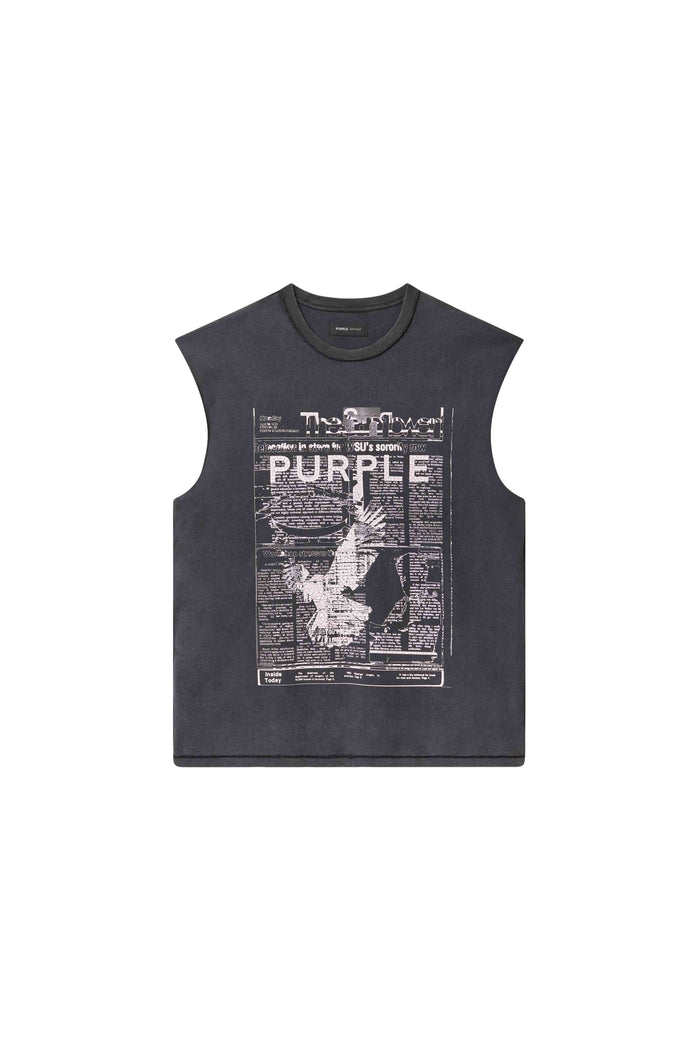 Good News Tank Top acid-washed sleeveless tee with news print and Purple lettering, regular fit.