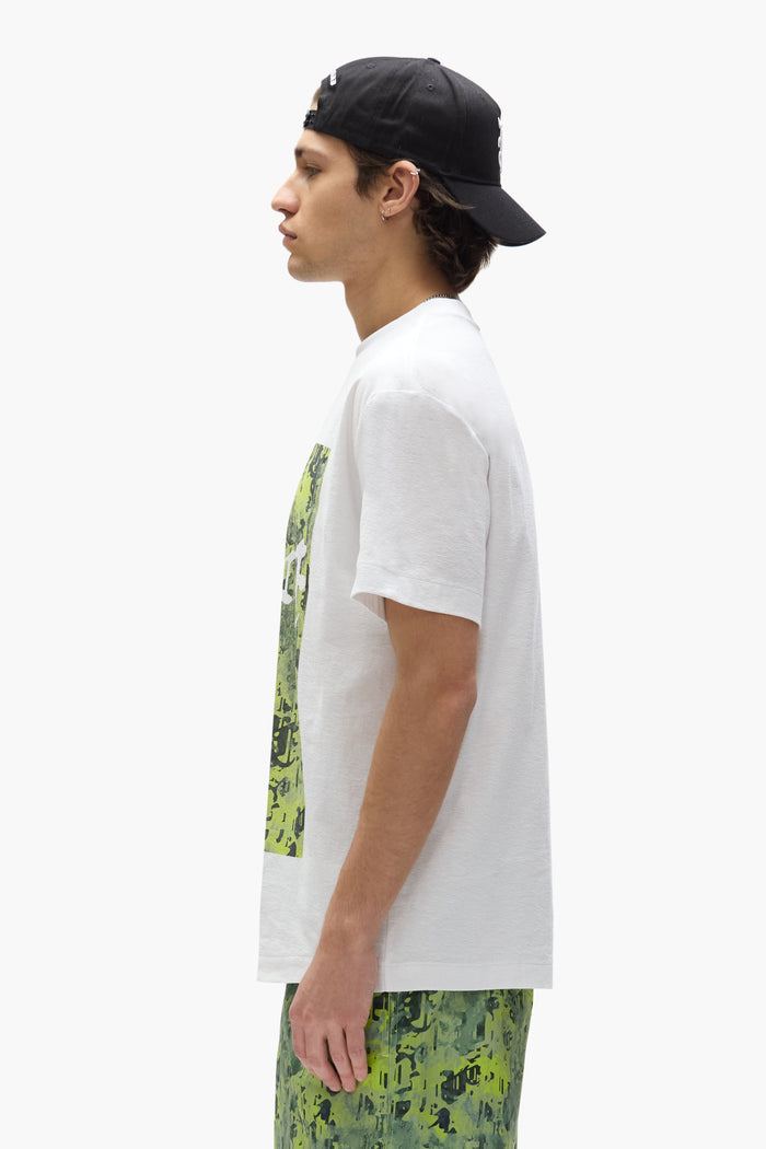Gothic Camo Tee in regular fit with digital camo print and purple brand lettering.
