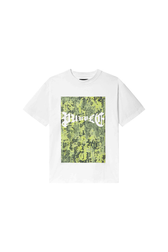 Gothic Camo Tee in regular fit with digital camo print and purple brand lettering.