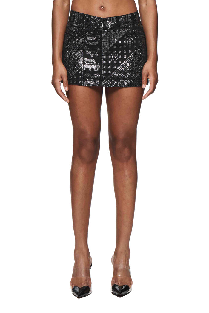 Gothic Flag Hotfix Skirt with all-over print design in hotfix crystals, 100% cotton.