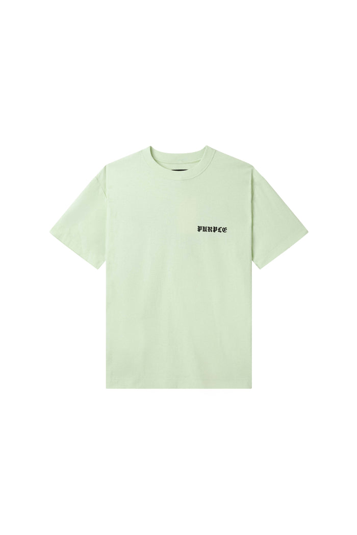 Gothic Flames Tee in light neon green, 100% cotton, regular fit, textured jersey.