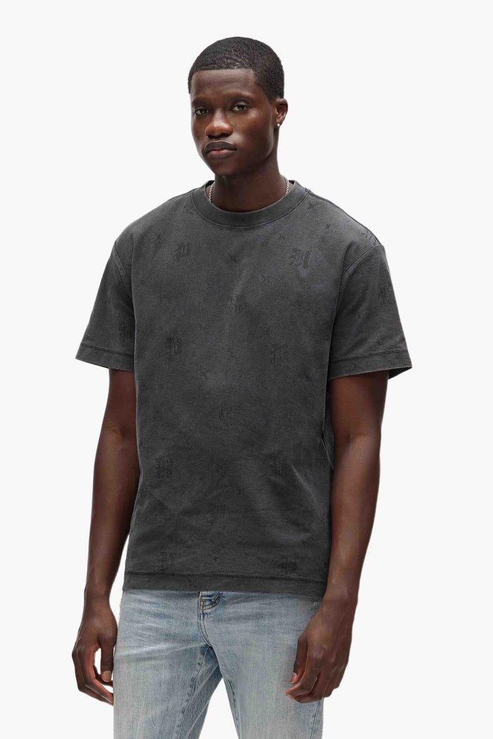 Gothic Monogram Tee black jersey knit with Purple Brand logos, available in various sizes.