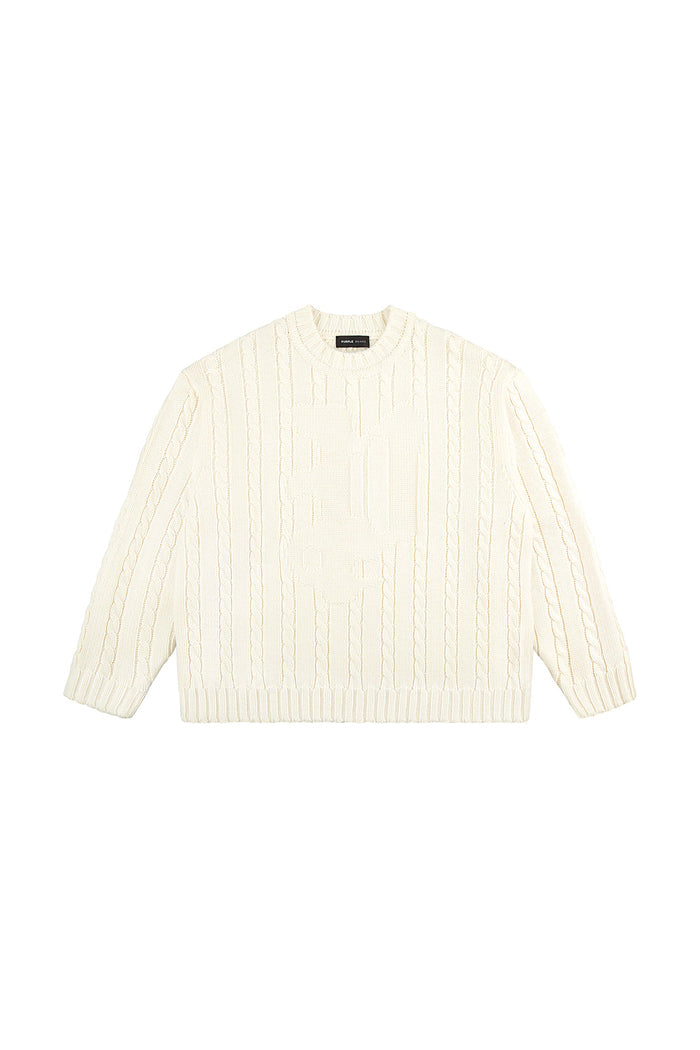 Gothic P Cable Knit Sweater in white with crewneck and gothic purple brand monogram.