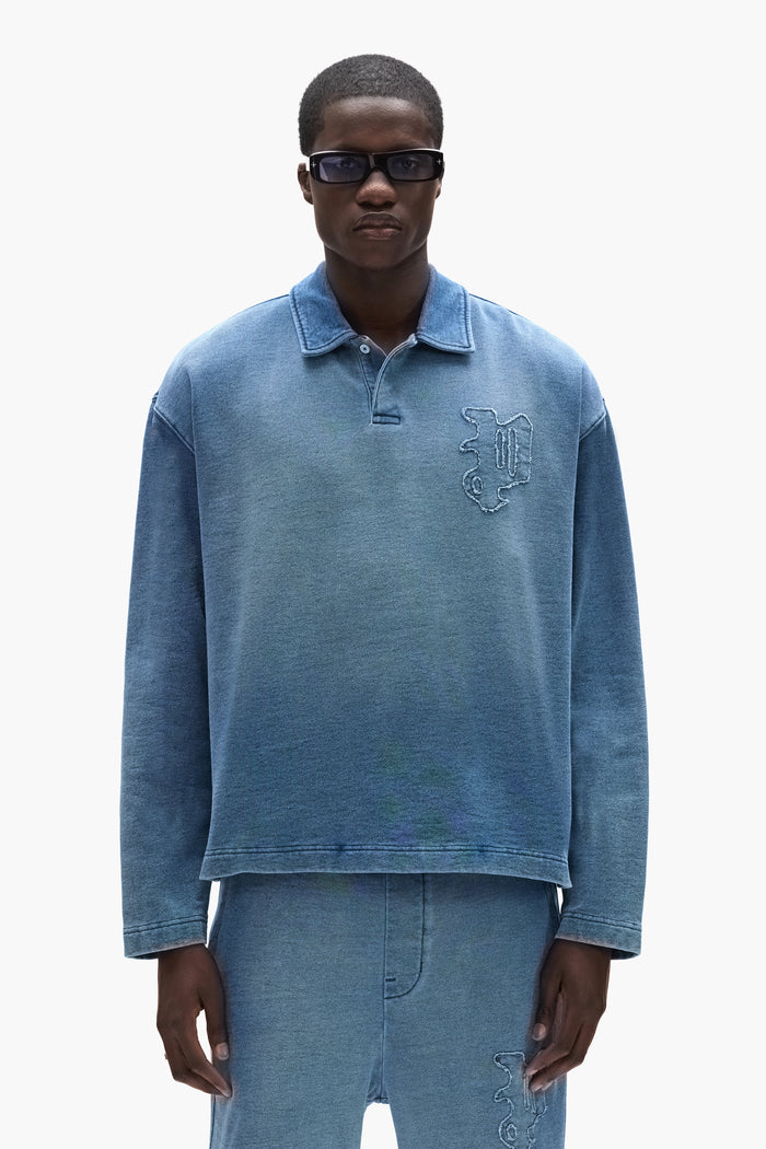 Gothic P Rugby Shirt in midweight fleece with self-applique design and button-down placket.