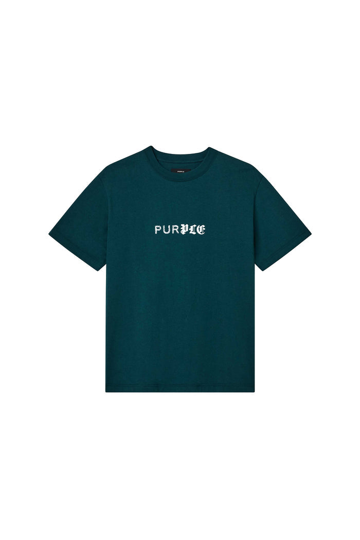 Half & Half Tee in dark sea with crackle flock and puff print, available in multiple sizes.