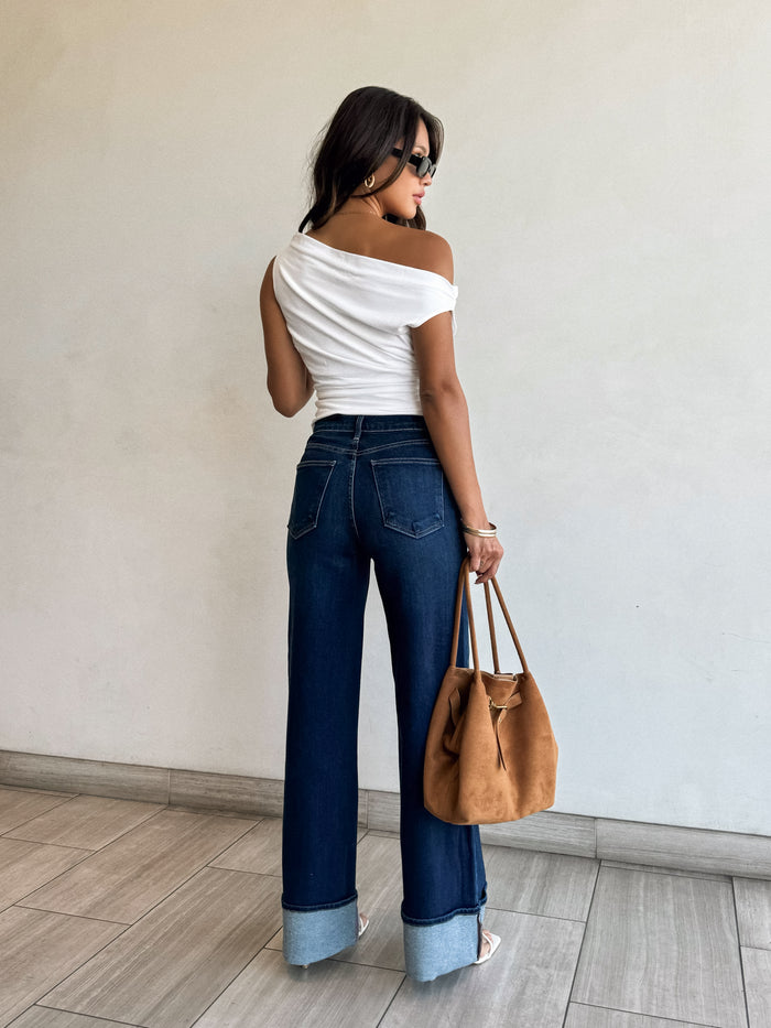 Harley Cuffed Palazzo Jeans in Dark Denim - Stitch And Feather
