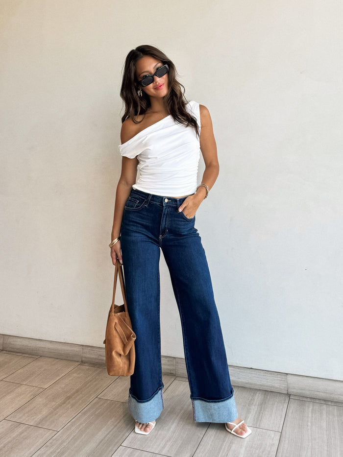 Harley Cuffed Palazzo Jeans in Dark Denim - Stitch And Feather