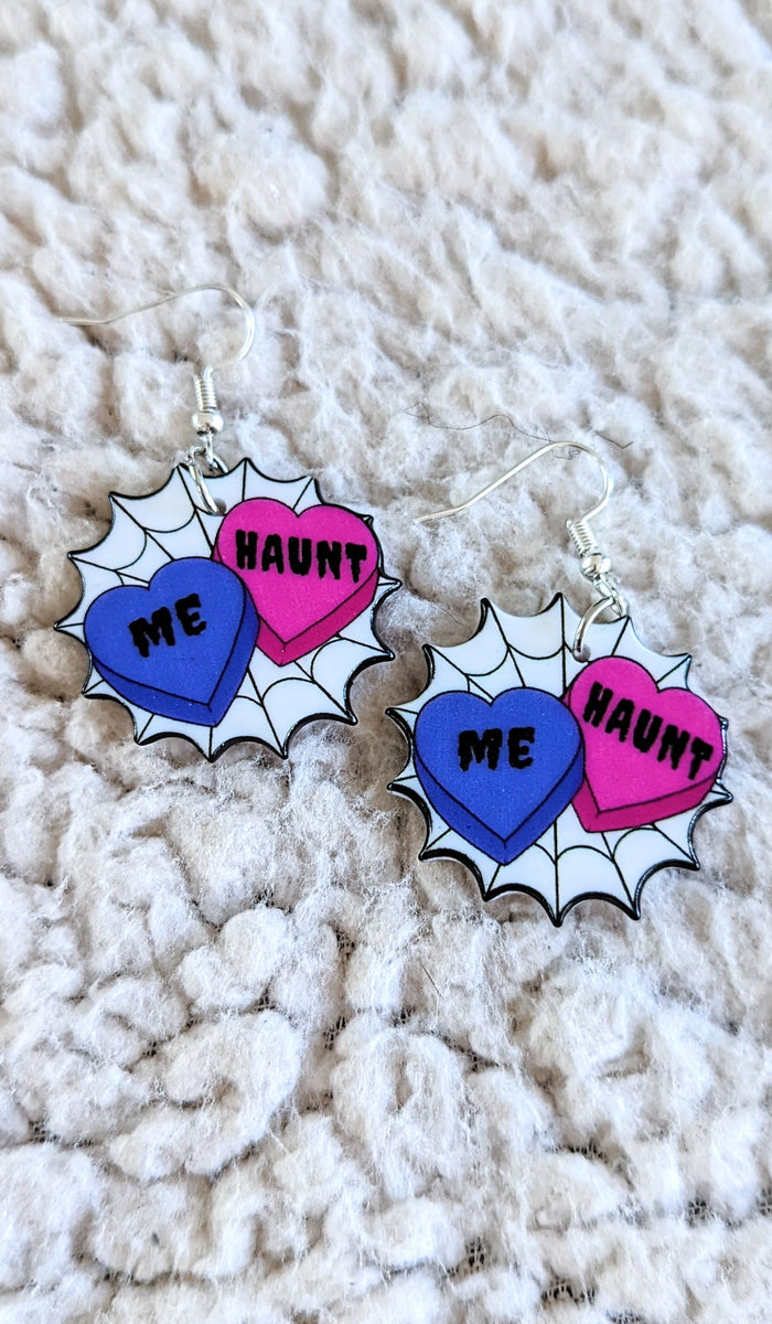 Haunt Me Conversation Hearts Spider Web Alternative Halloween Acrylic Earrings