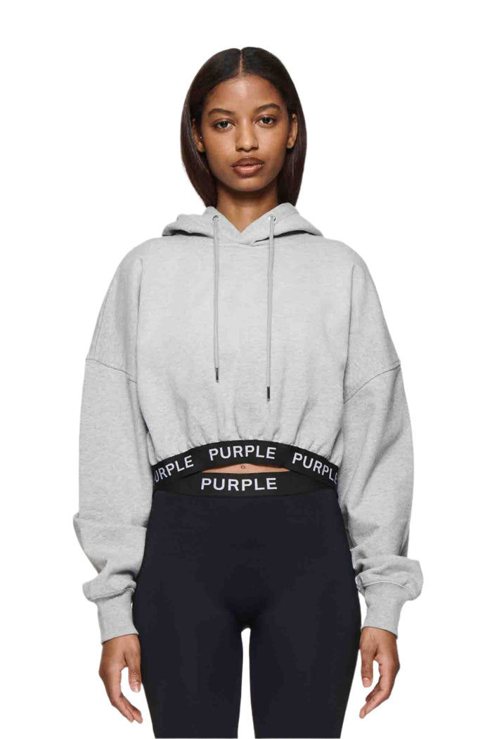 Heather Cropped Hoodie in grey French terry with drawcords and Purple Brand logo.
