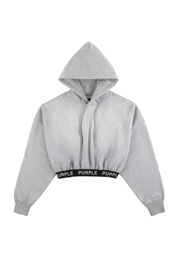 Heather Cropped Hoodie in grey French terry with drawcords and Purple Brand logo blocking.