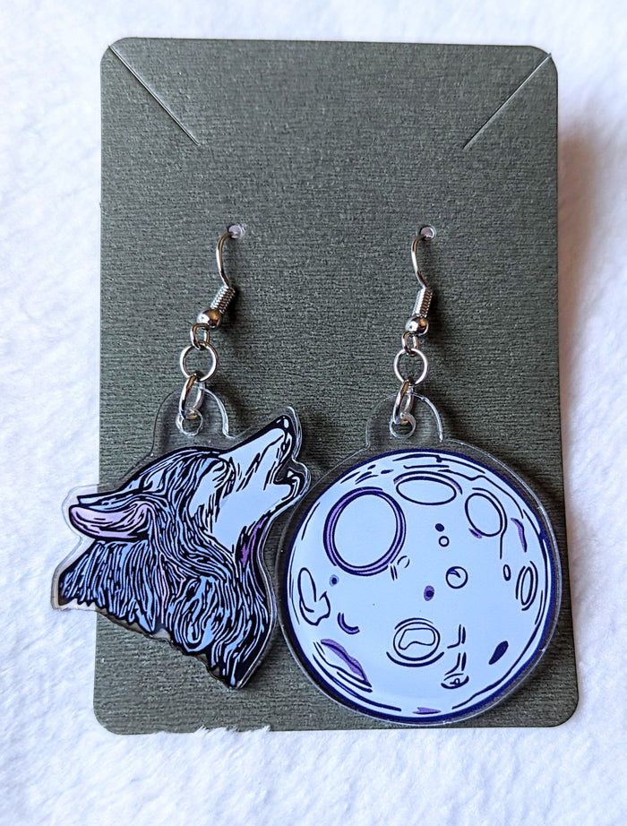 Howling Wolf and Full Moon Acrylic Dangle Earrings