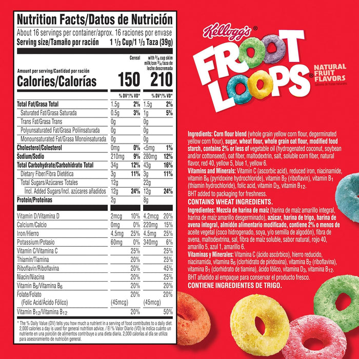 Kellogg's Froot Loops Breakfast Cereal, Good Source of Fiber, 15g Whole Grains, Giant Size, 23 oz
