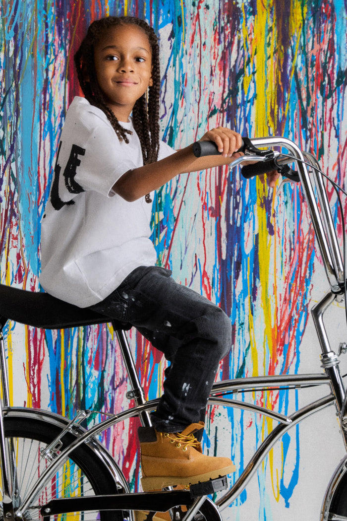 Kids' Paint Repair Stretch Skinny Denim, sizes XS to XL, adjustable elastic waistband.