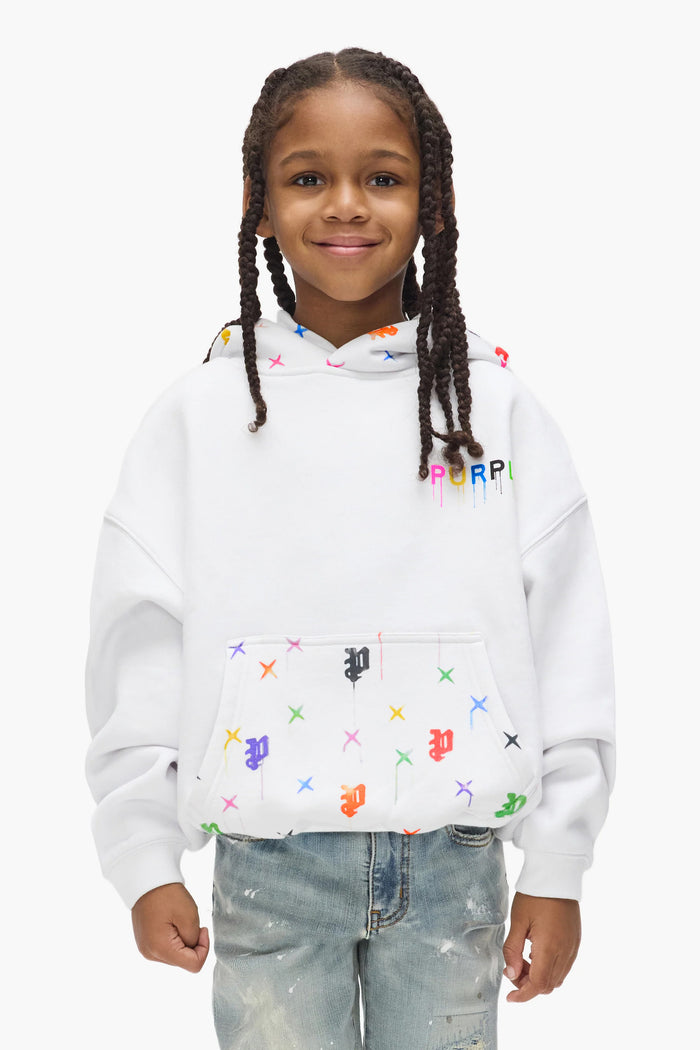Kids' Painted Monogram Hoodie with all-over print, available in sizes 4-5, 6-7, 08, 10, 12.