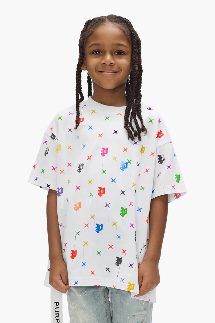 Kids' Painted Monogram Tee in relaxed fit, size 10, 100% cotton with all over print design.