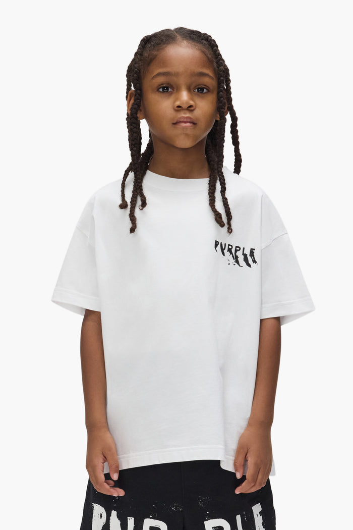 Kids' Painted Wordmark Tee in white with screen-printed graphics on front and back.