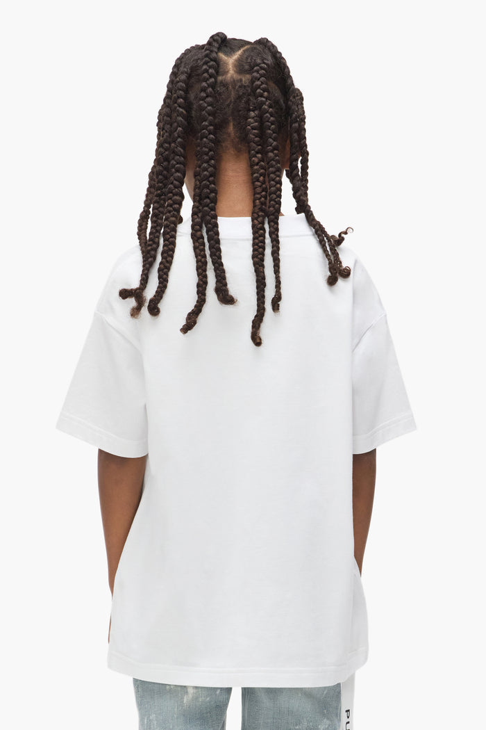 Kids' Painted Wordmark Tee, 100% cotton, relaxed fit, available in sizes 4-5, 6-7, 08, 10, 12.