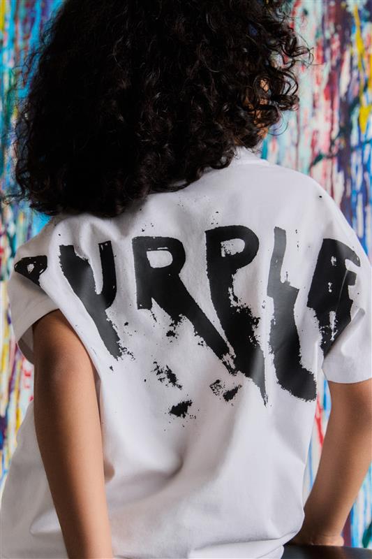 Kids' Painted Wordmark Tee in white with screen-printed design, available in various sizes.