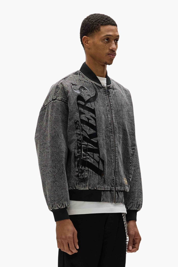 LA Lakers Bomber Jacket with embroidered fabric applique and zip front, oversized fit.