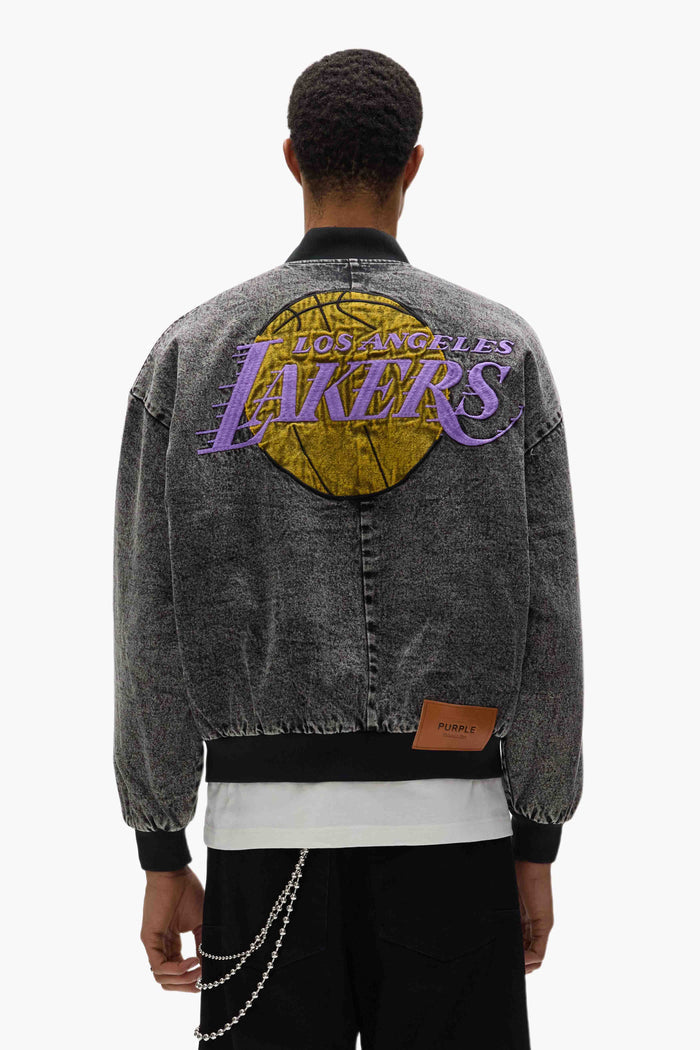 LA Lakers bomber jacket with embroidered fabric applique, oversized fit in denim material.