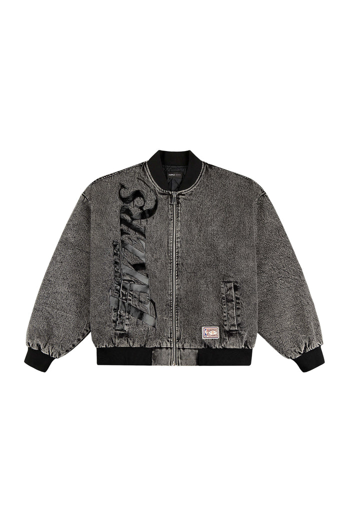 LA Lakers Bomber Jacket with oversized fit, premium denim, and fabric applique details.