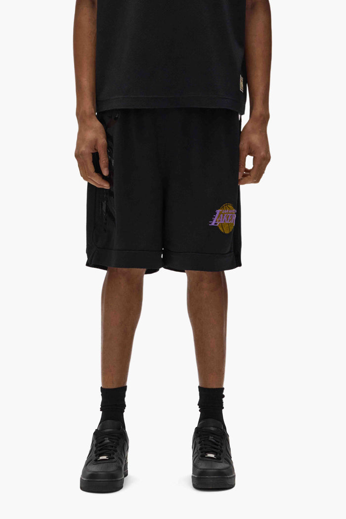 LA Lakers Mesh Shorts with elastic waistband and drawcords, featuring embroidered graphics.
