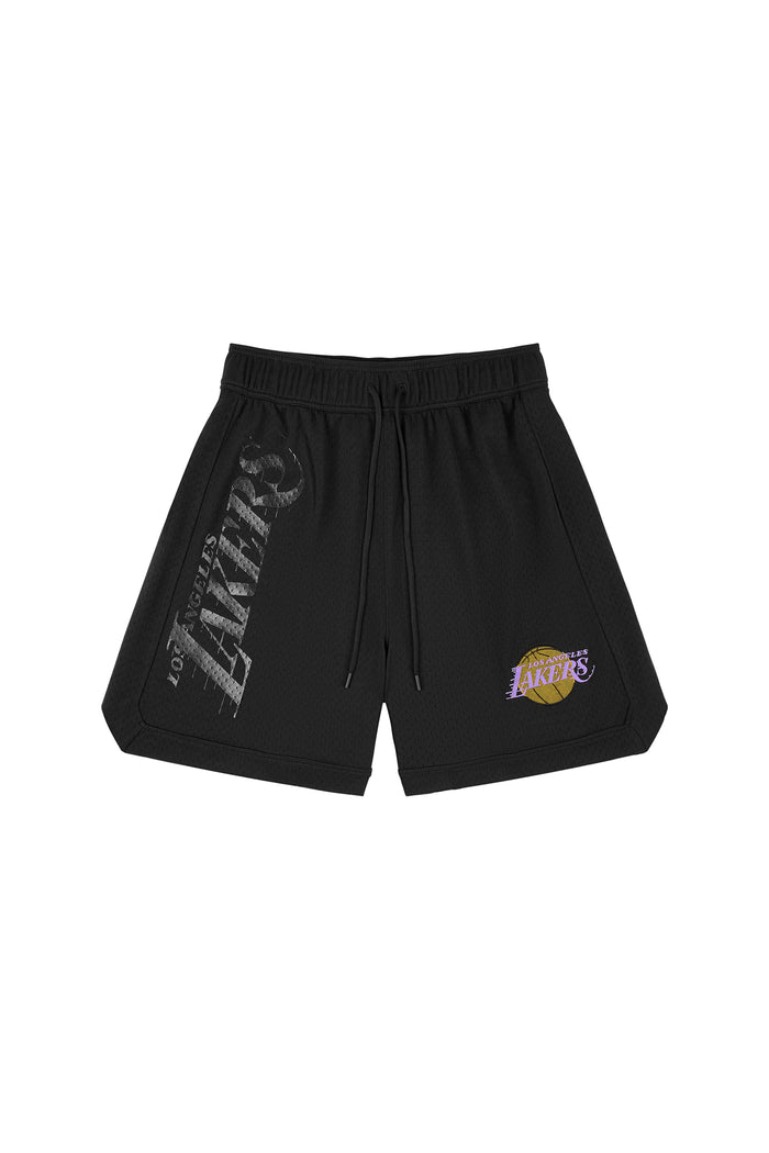 LA Lakers Mesh Shorts with elastic waistband and drawcords, available in multiple sizes.