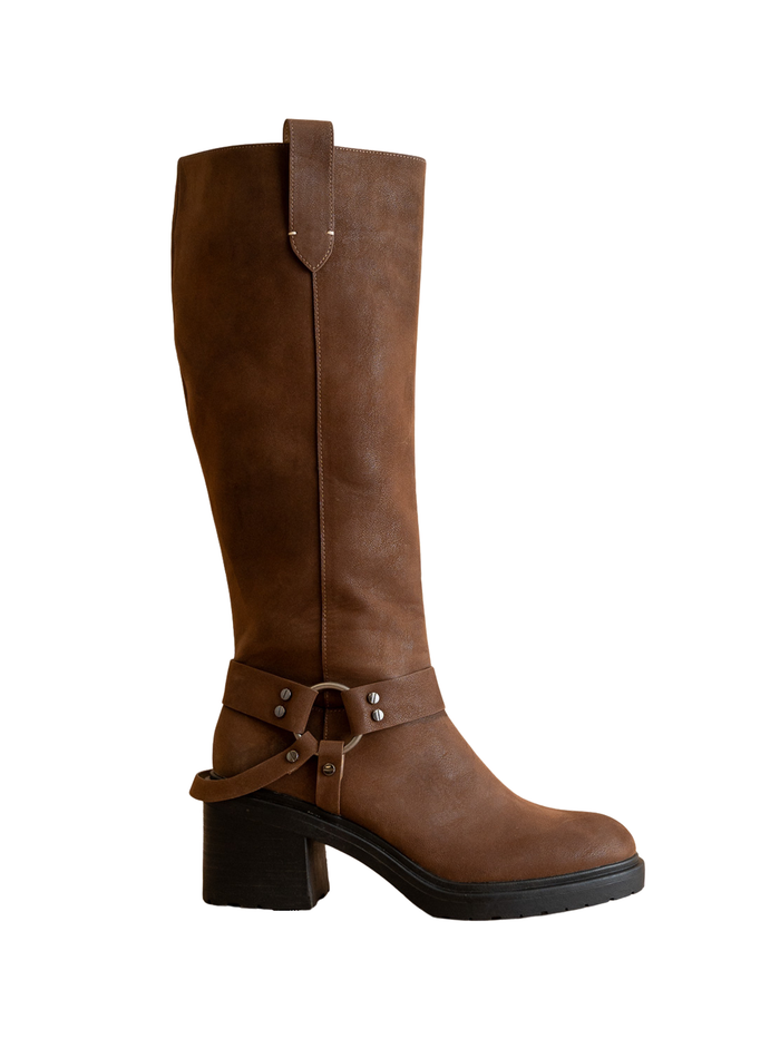 Leanne Moto Knee High Boot in Coffee - Stitch And Feather