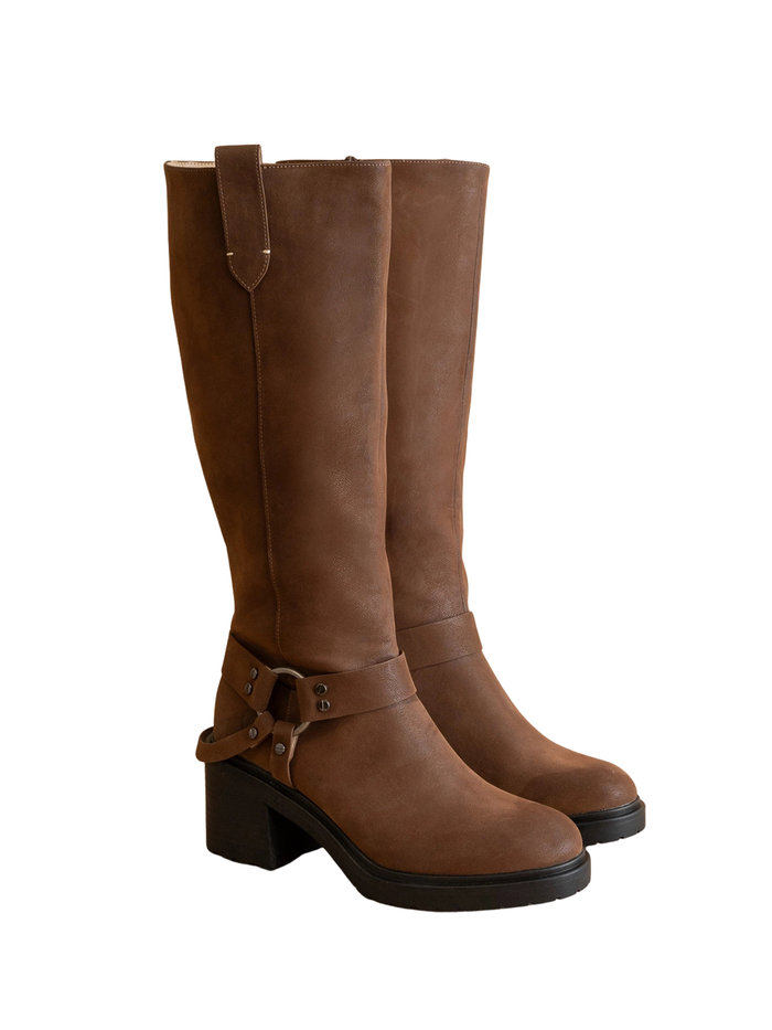 Leanne Moto Knee High Boot in Coffee - Stitch And Feather