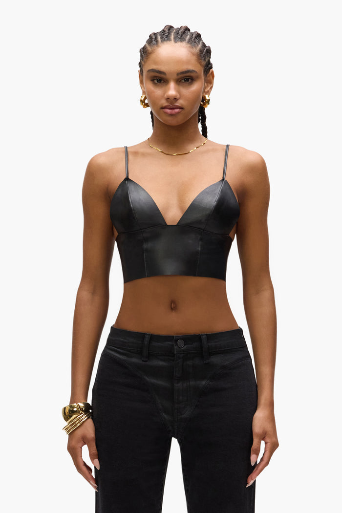 Leather Bralette with adjustable straps and center back zipper closure in various sizes.