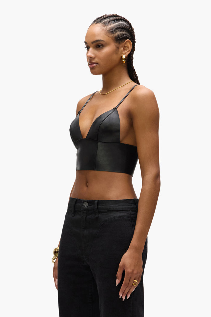 Leather Bralette with adjustable straps and center back zipper closure in various sizes.