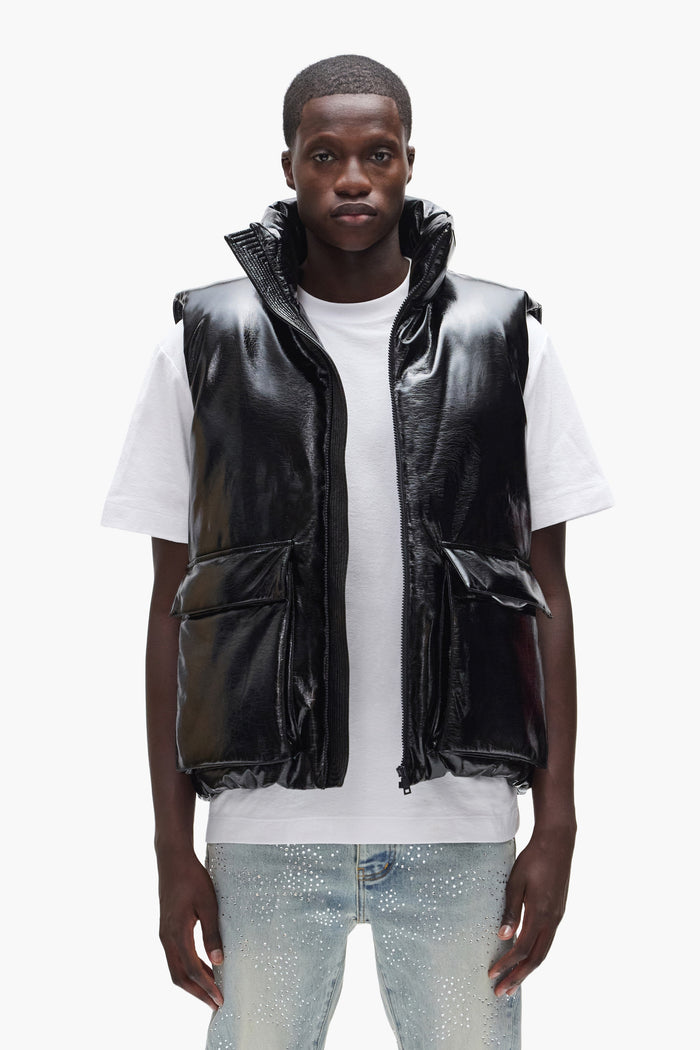 Leather Puffer Vest in oversized fit, made from faux leather with duck down fill.
