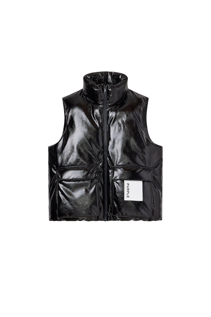 Leather Puffer Vest in black faux leather with oversized fit for fall winter 2025.