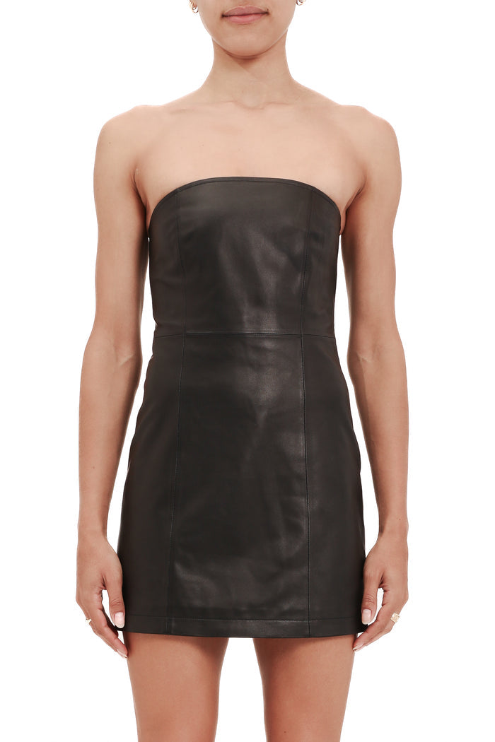 Leather Tube Dress in black, made from 100% sheep leather, featuring a slim fit design.