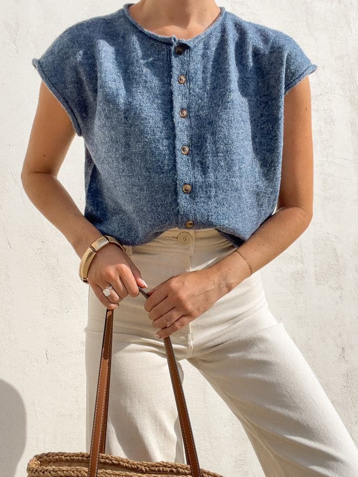 Lune Button Knit Top in Blue - Stitch And Feather