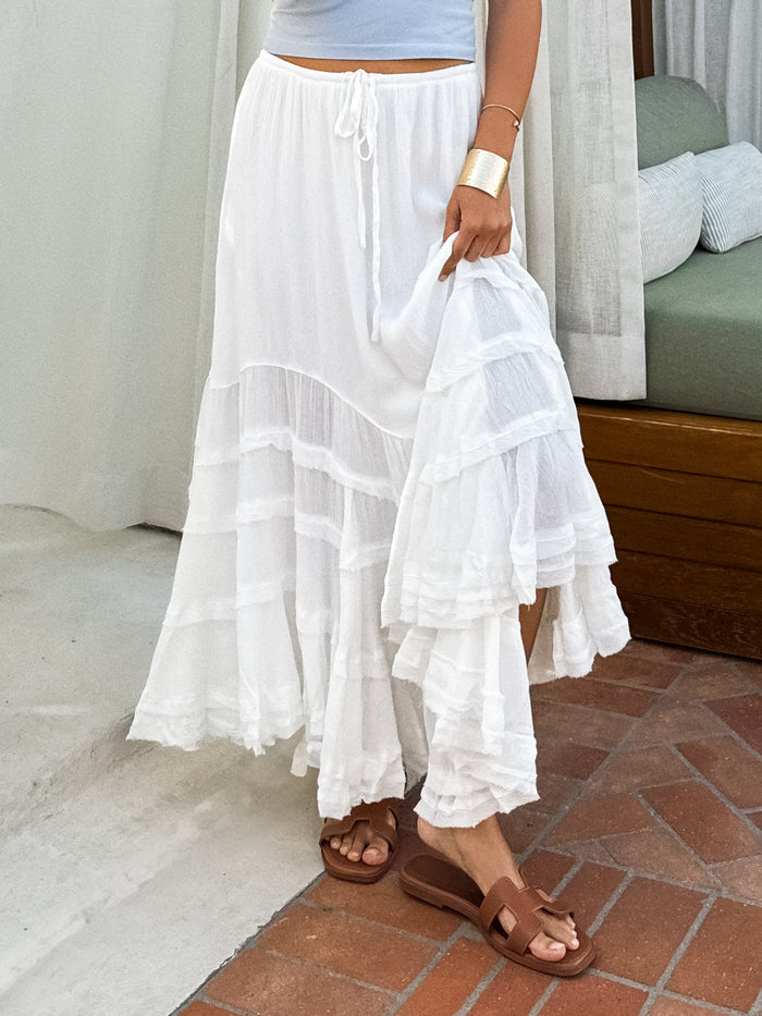 Mai Tai Tiered Midi Skirt in White - Stitch And Feather