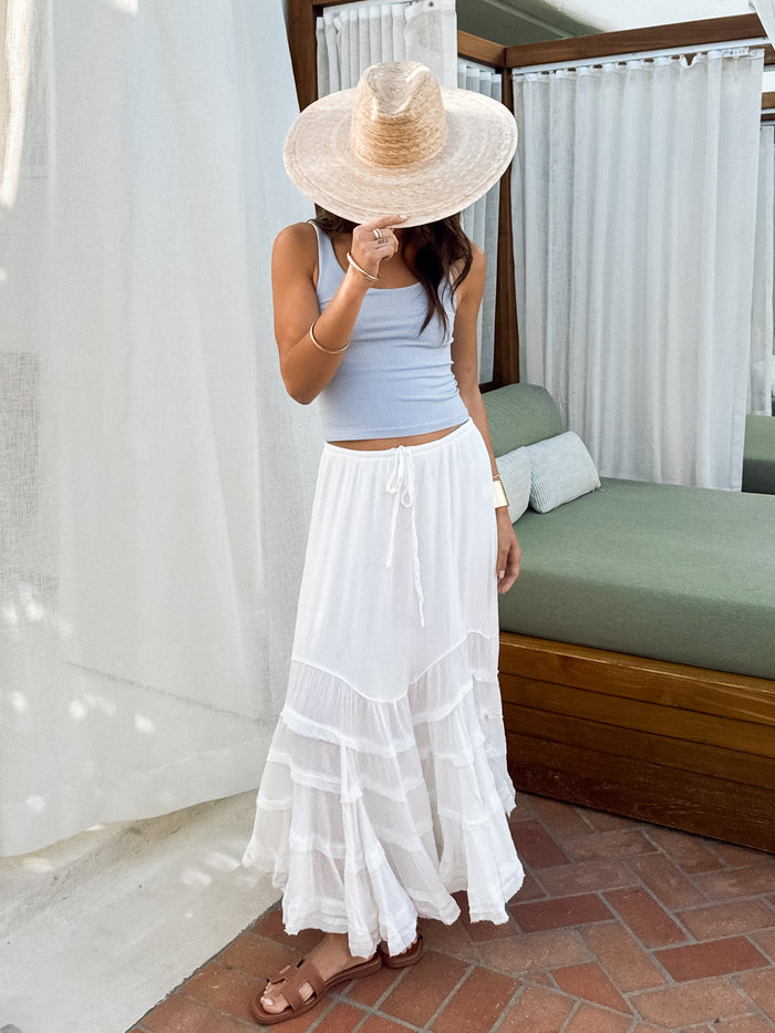 Mai Tai Tiered Midi Skirt in White - Stitch And Feather