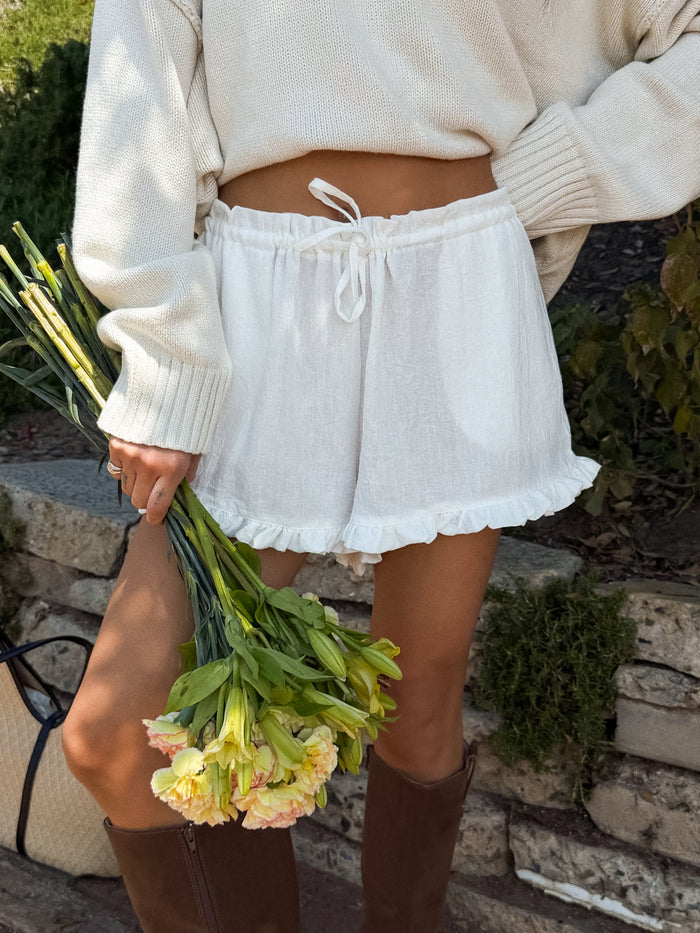Maye Ruffle Shorts in White - Stitch And Feather