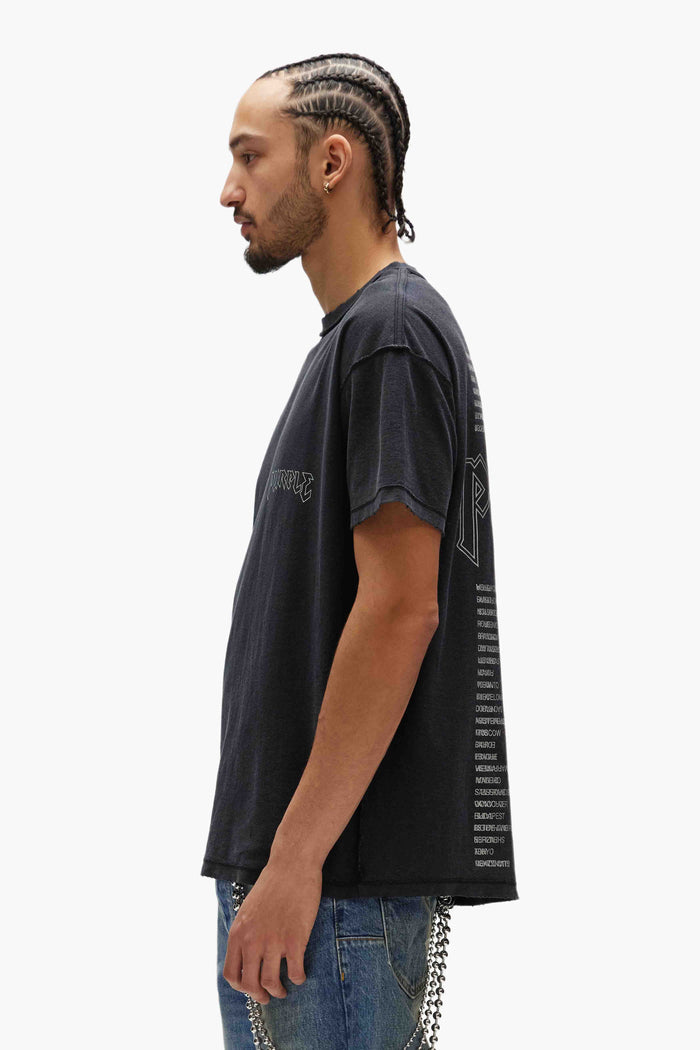 Black Metal Back Tee with Purple Brand lettering and inset crewneck collar.