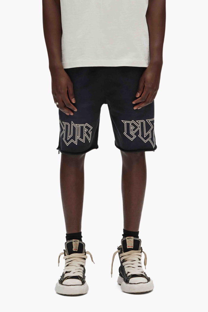 Black fleece Metal Shorts with pull-on stretch waist, side zippers, and raw hem.