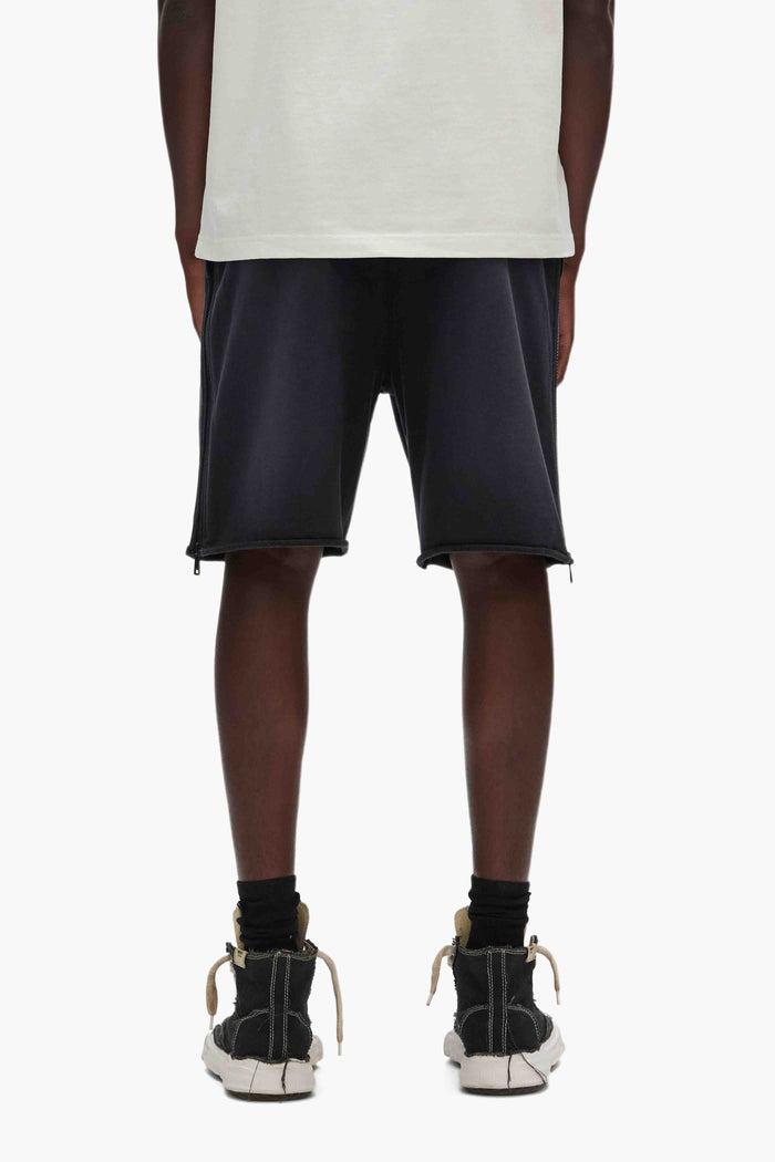 Black fleece Metal Shorts with pull-on stretch waist, side zippers, and raw hem.