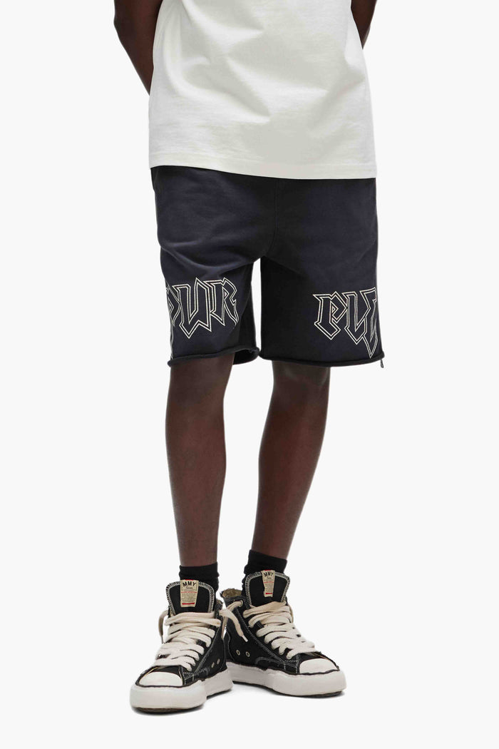 Black fleece Metal Shorts with pull-on stretch waist, side zippers, and raw hem.