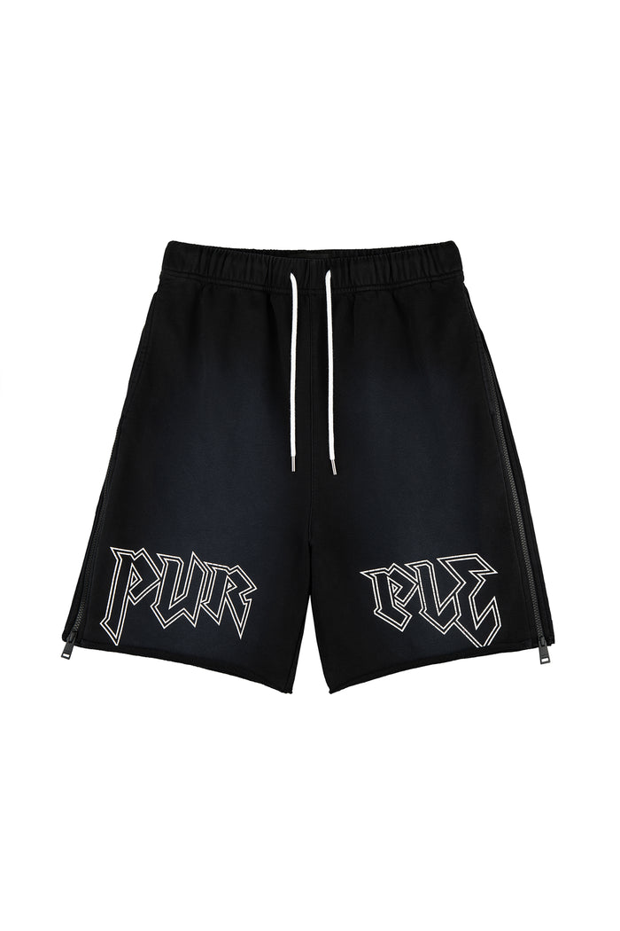 Midweight black fleece shorts with pull-on stretch waist, side zippers, and raw hem.